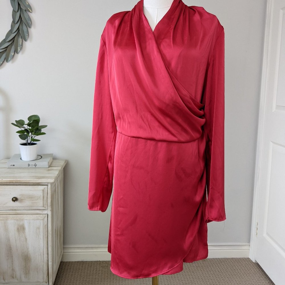 Pink Pleated Faux Wrap Dress - Satin - Size M